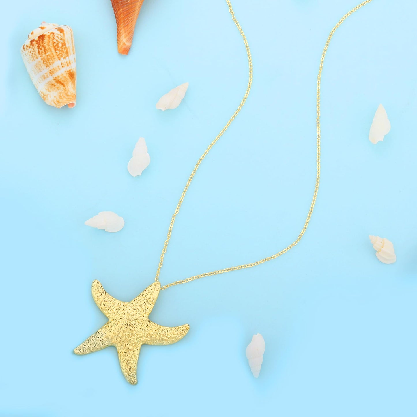 Seashell Starfish Necklace for Women Conch Shell Summer Pearl Beach 14k Gold Layered Dainty Choker (Big Starfish Necklace)
