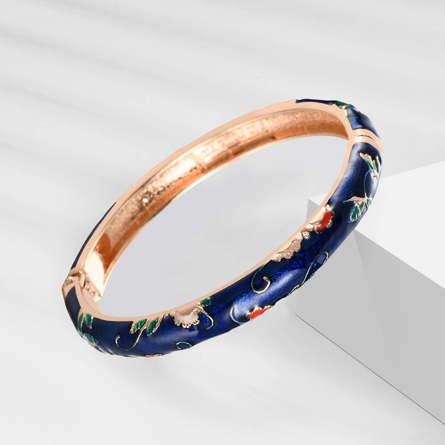 UJOY Handcrafted Cloisonne Bangle Bracelets Butterfly Enamel Metal Handcuff Jewelry Set Box Gift for Women 55A108-55B30 Navy Blue