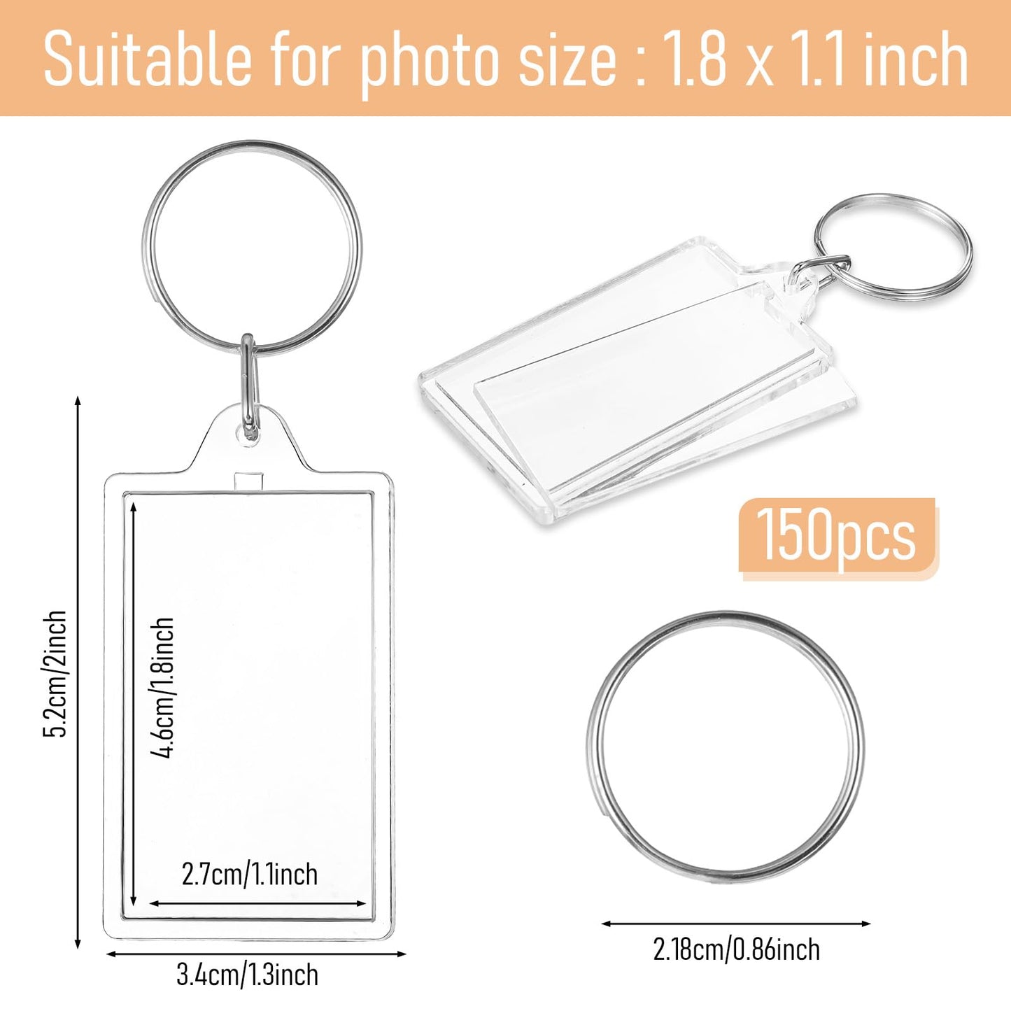 wutfuooo 150 Pack Clear Acrylic Photo Picture Keychain Blank Photo Insert Keyring DIY Personalize Favor