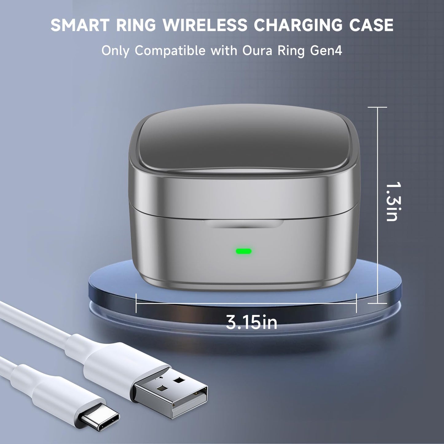 Wireless Charging Case Compatible with Oura Ring Gen 4 Charger Size 8, 600mAh Portable Travel Charging Box with USB-C Cable & Indicator Light, Essential for Smart Oura Ring 4 Users,Grey