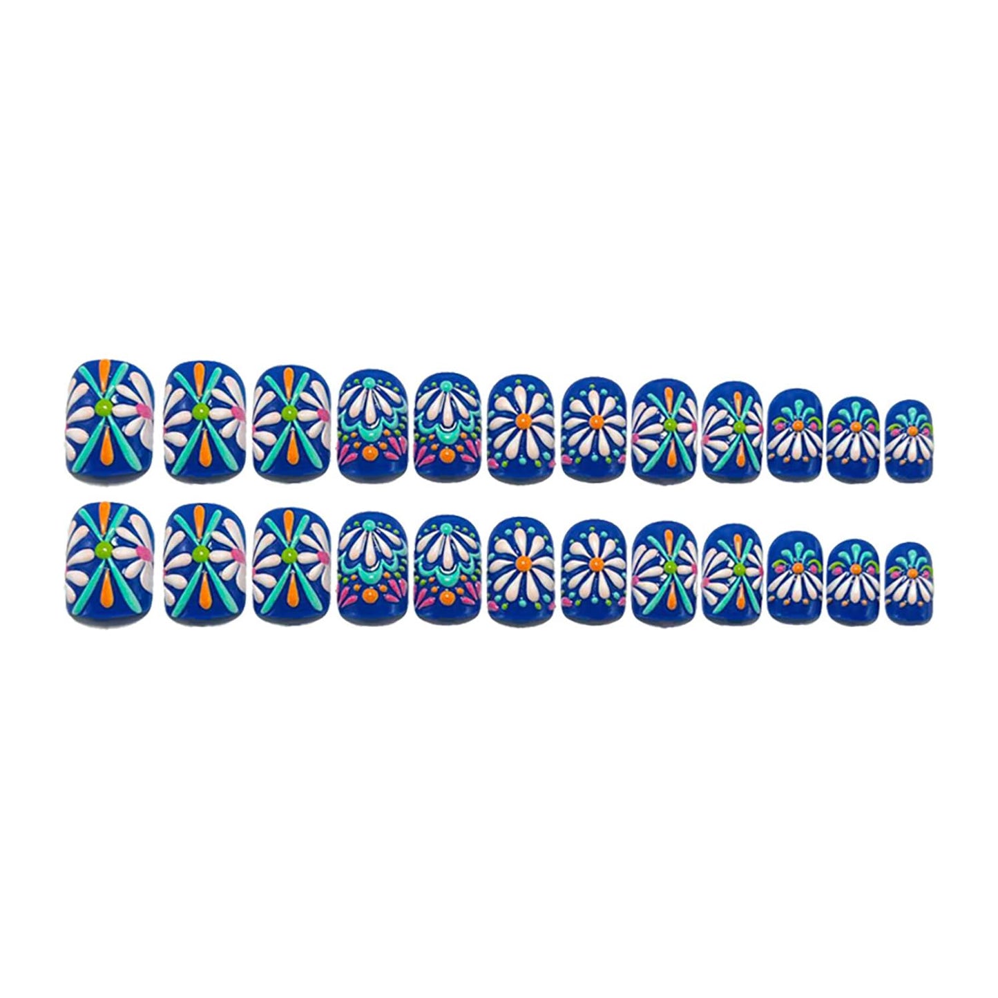3D Flower Press on Nails Short Square Fake Nails with White Daisy Designs Blue False Nail Spring Summer Floral Stick on Nail for Women 24Pcs