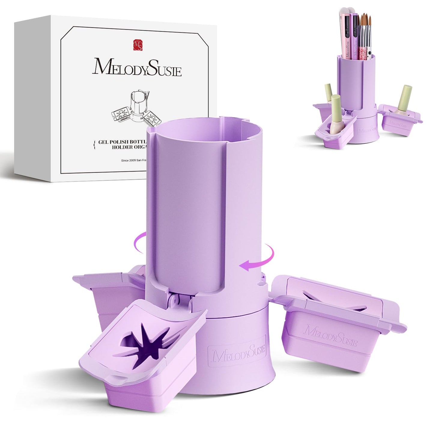 MelodySusie GelCarousel For Nail Polish Bottle Holder and Nail Art Tools Organizer, 360° Rotating Storage Container with 3Pcs Detachable Silcone Gel Polish Holder, Purple(Only Box)