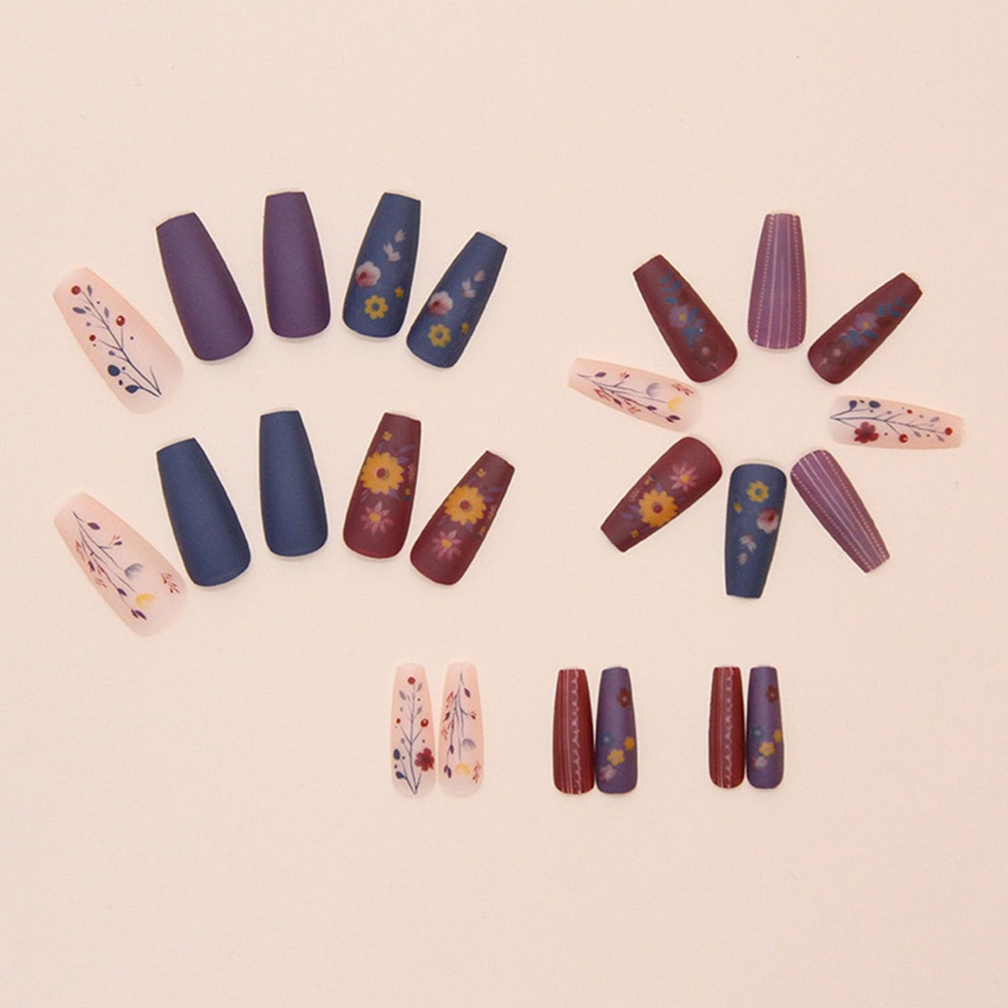 Press On Nails Medium Coffin Fake Nails with Floral Designs Blue Nails Matte Glue on Nails 24Pcs