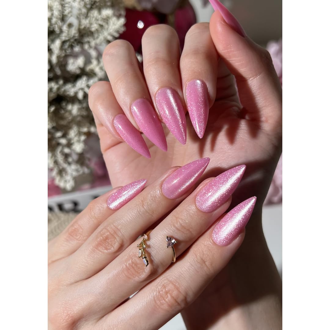 PaintLab Press On Nails - Pink Glitter Stiletto Fake Nails, 30 Nails in 15 Sizes with Glue, Reusable Salon Quality Press On Nails