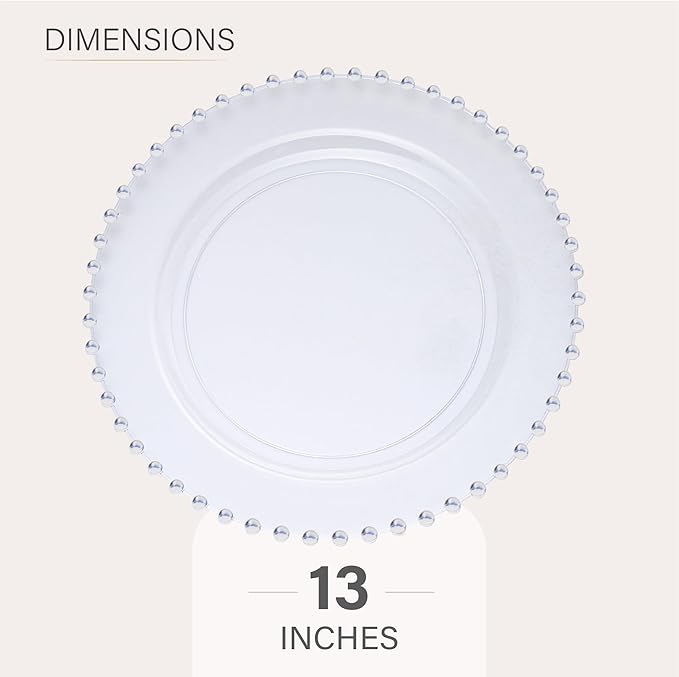 PLASTICPRO Clear Plastic Charger Plates with Beaded Edge – Pack of 8 – 13" Elegant Round Disposable Chargers for Weddings, Events, Parties, and Dinners