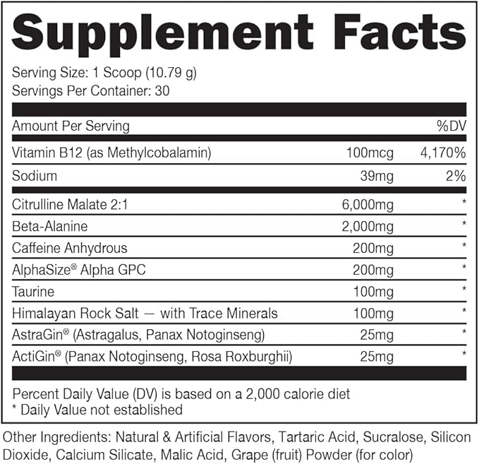 Bucked Up Pre Workout 6 Grams Citrulline, 2 Grams Beta Alanine, and 3 Other Registered trademarked Ingredients (Grape)