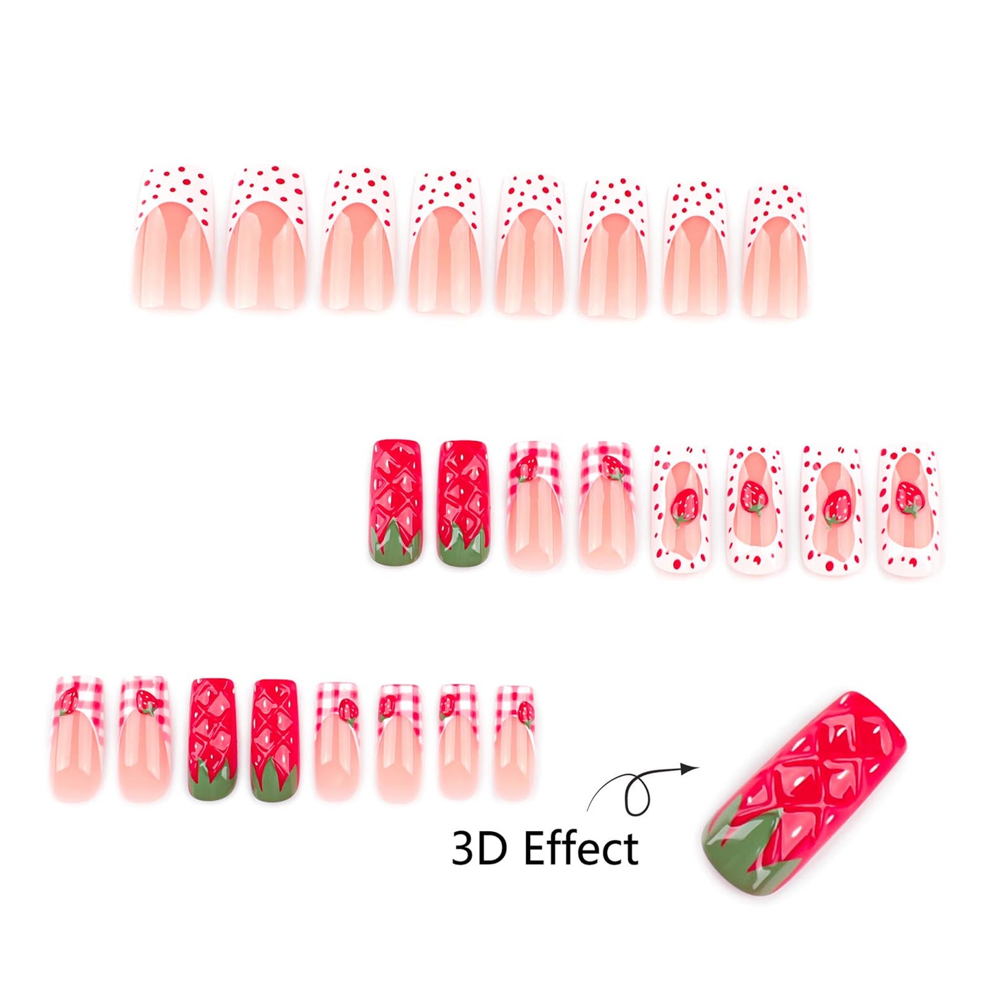 Strawberry Press On Nails Long Square 24pcs, Cute Fruit False Nails with Red Strawberry 3D Design, Pink Gingham French Tips Fake Nails, Glossy Stick On Acrylic Nails Reusable Nail Kit for Women Girls