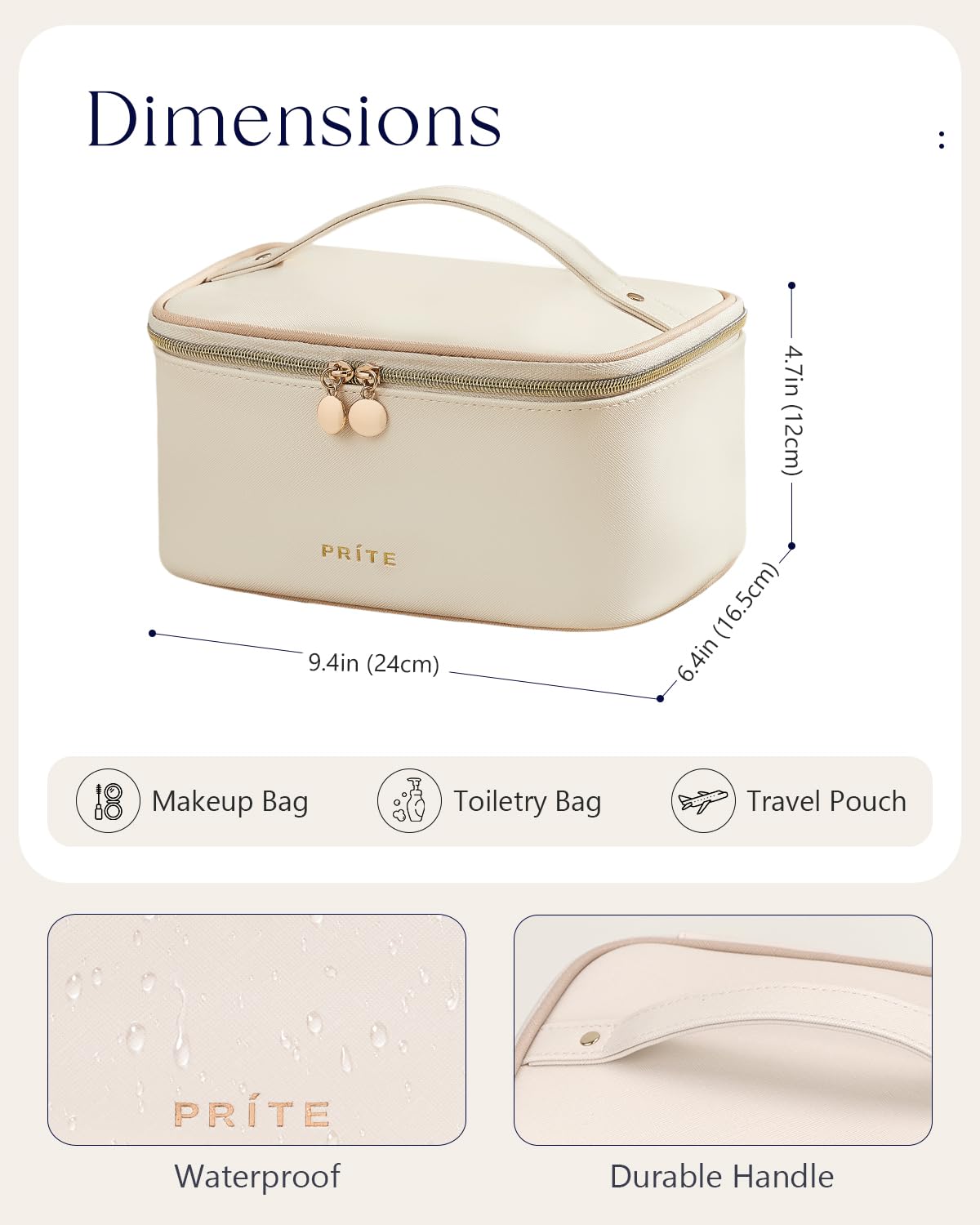 Prite Makeup Bag, Large Capacity Portable Travel Cosmetic Bag, Waterproof Makeup Organizer for Women with Handle and Divider (001 Beige)