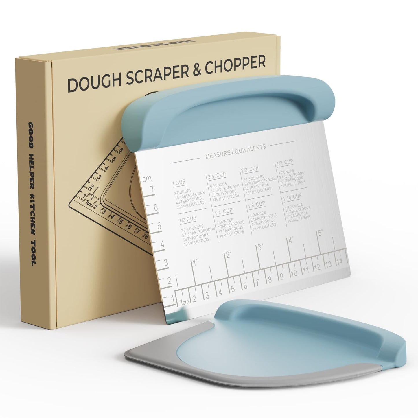 Bench Scraper Dough Cutter Tool - Bowl Pastry Scraper for Bread Cake Pizza, Bench Knife Kitchen Dough Scraper for Baking, Stainless Steel Food Scraper with Grip Handles & Measuring Scal, Blue