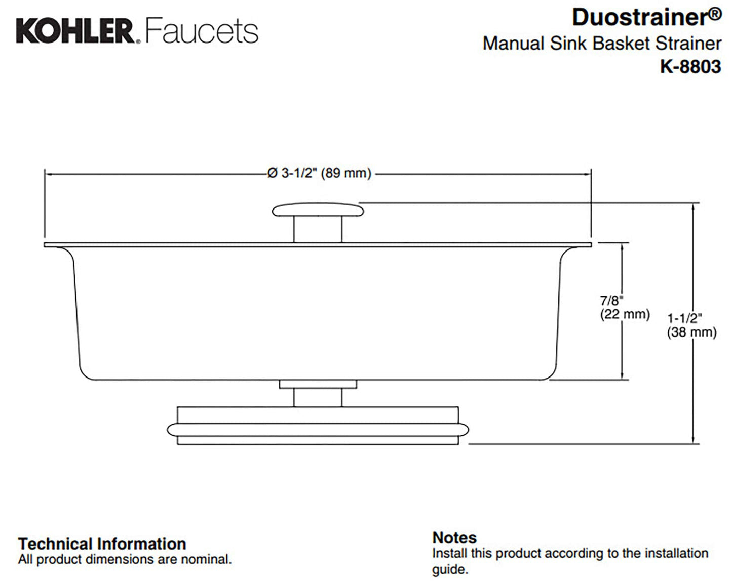 KOHLER K8803-CP Duostrainer Sink Strainer Basket, Removeable Stainless Steel Open/Close Stopper, Tight Seal, Polished Chrome
