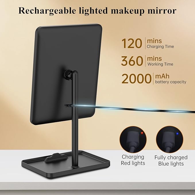 FUNTOUCH Vanity Mirror with Lights, Makeup Mirror with Lights,Smart Touch with 3-Color Lighting,Dimmable,Detachable 10X Magnification for Vanity Desk Tabletop,Black