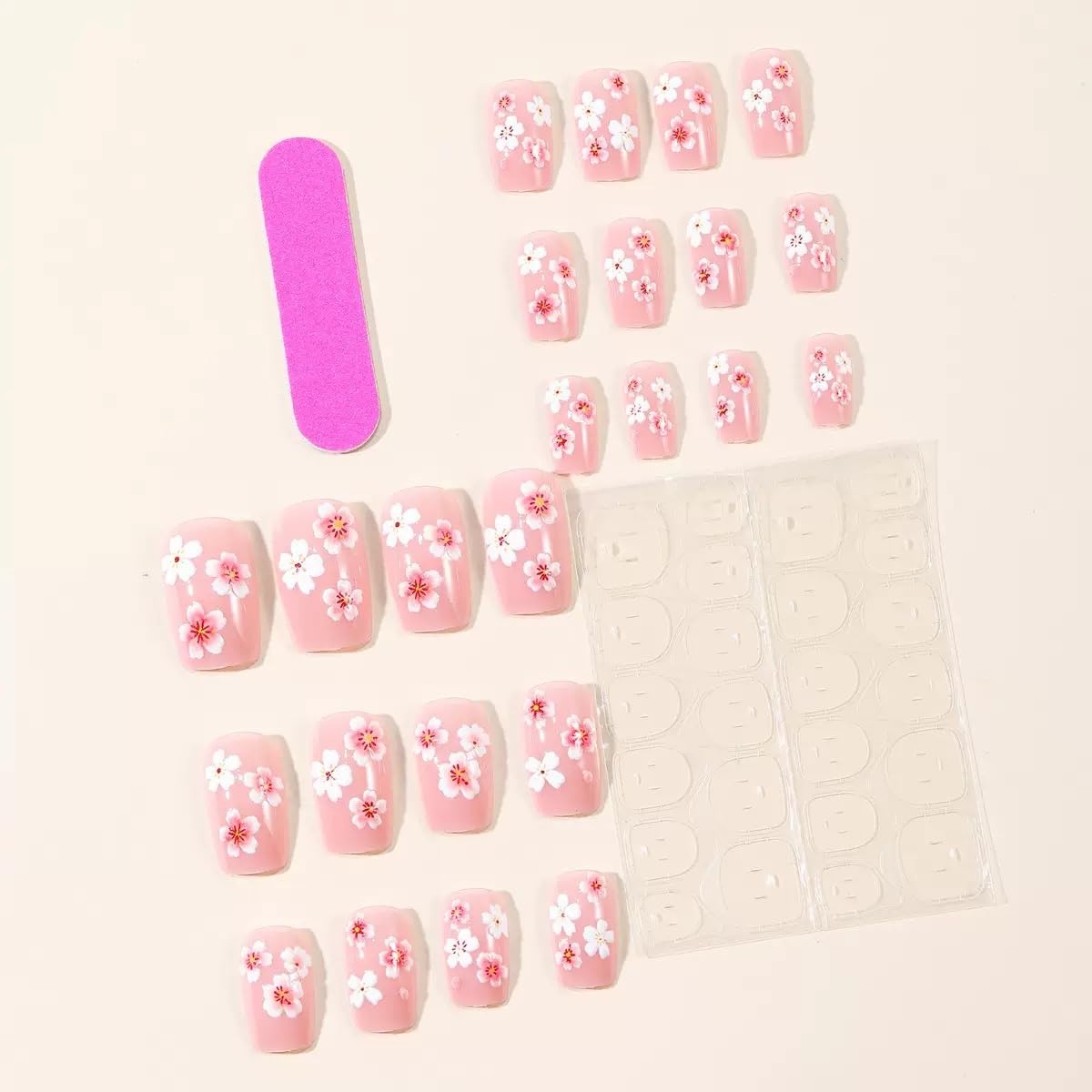 CTTHNBD Medium Press on Nails - Square Fake Nails with Pink Flower Design - Spring, Cute Full Cover Stick on False Nails for Women - 24 Pcs