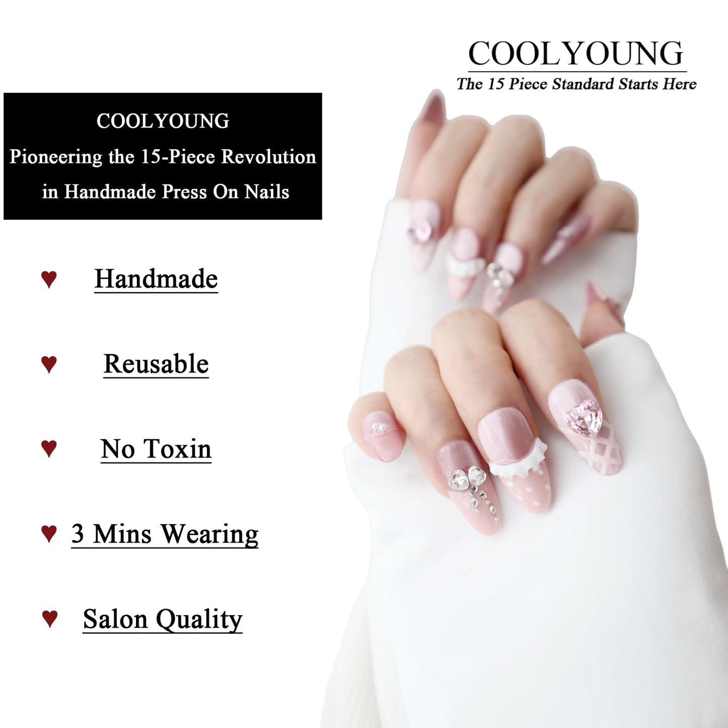 Handmade Press On Nails French Almond Shaped Press On Nails Pink 3D Nails Gifts For Women COOLYOUNG False Nails, 15 PCS, Size M