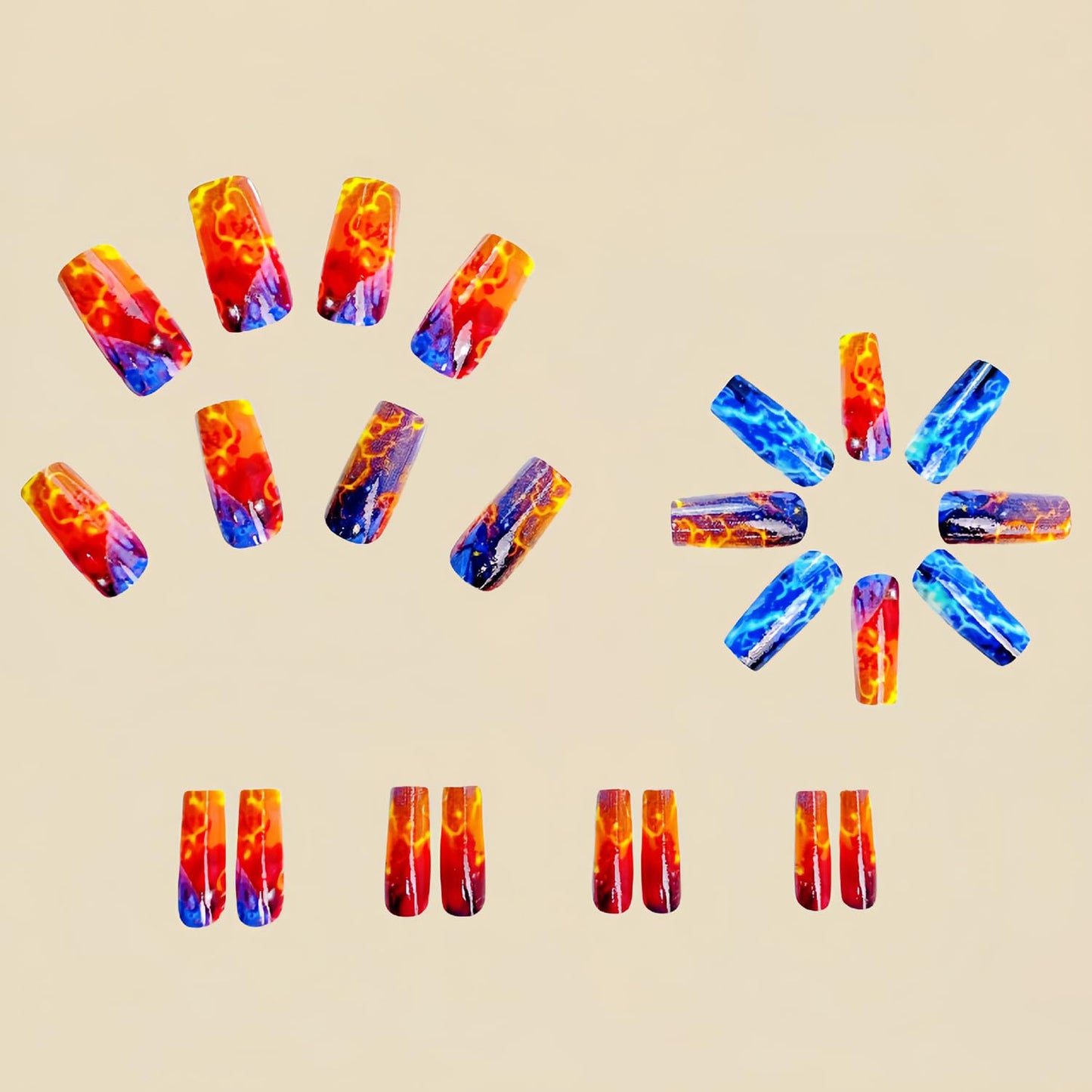 Press On Medium Square Aurora Red and Blue Lightning Design Nails - Full Cover Artificial Acrylic Coffin Nails - Reusable Glue On DIY Stick On for Women - 24Pcs