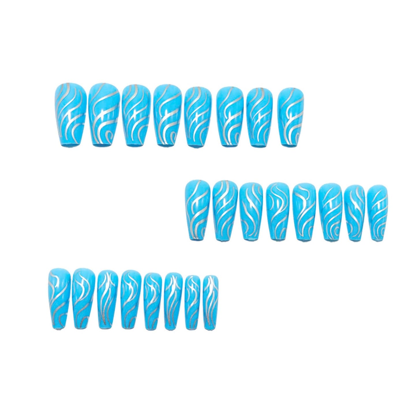 Medium Press on Nails Coffin Fake Nails with Silver Lines Designs Glossy Nails Press ons Blue Full Cover Glue on Nails Acrylic Artificial Stick on Nails for Women 24Pcs