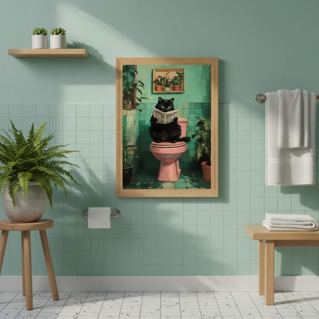 Funny Bathroom Wall Art Black Cat on Toilet Reading Newspaper, Humorous Cat Bathroom Decor Canvas Print, Quirky Animal Restroom Wall Decor Framed Artwork for Bathroom Home 8x10 Inch