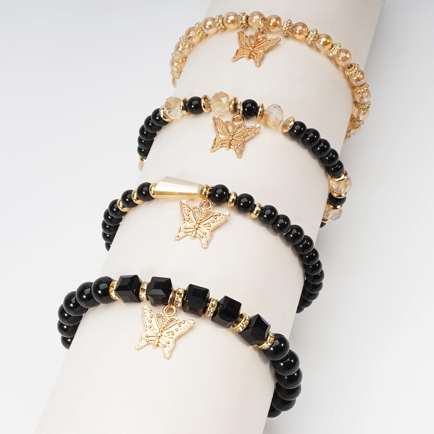 Briutn Black Gold Butterfly Stackable Beaded Bracelet Set Boho Stretch Bracelets Jewelry Gift for Women