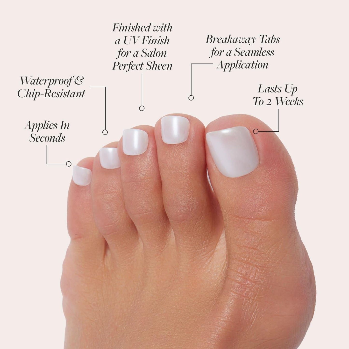 Glamnetic Press On Toenails - Hailey | Soft Pearl White Fake Toe Nails with a Glazed Finish | 16 Sizes - 32 Toe Nail Kit with Glue
