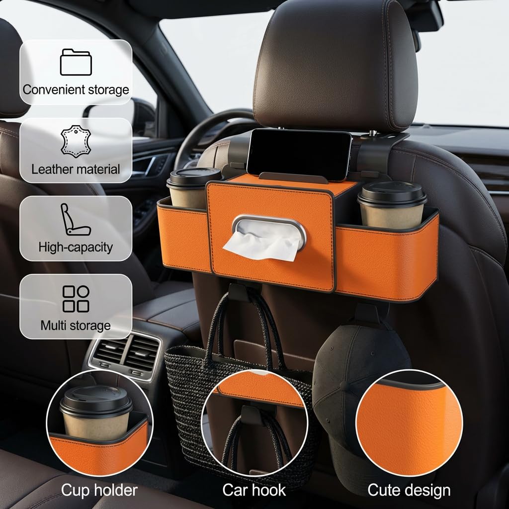 ALZHIUM 3-in-1 Backseat Car Organizer with Dual Cup Holders,Tissue Box & Phone Holder, 2026 Upgraded Car Seat Back Storage Box,Multifunctional Waterproof Storage for Daily Driving & Travel（Black）
