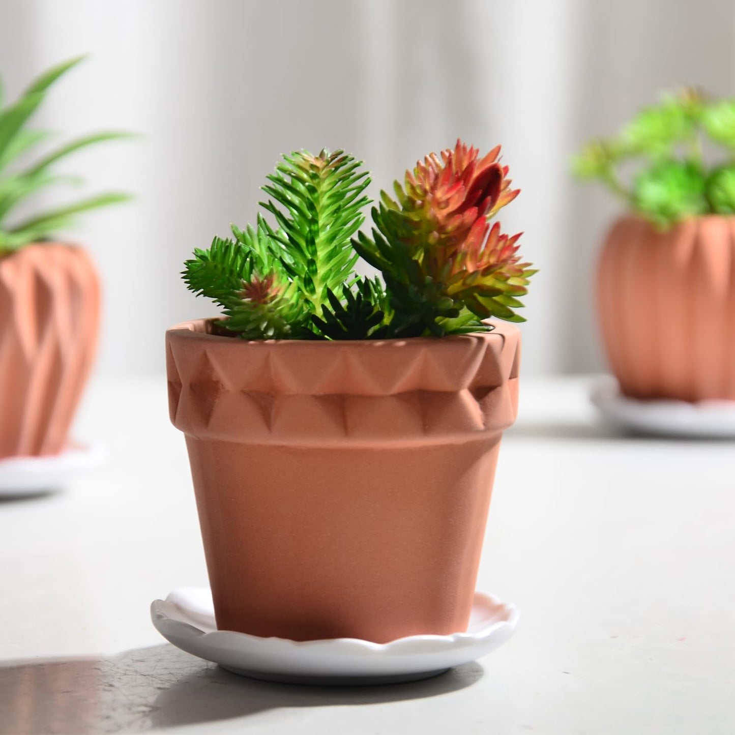 B SEPOR Ceramic Planters Handmade Mini Clay Flower Pot for Small Indoor Plant Succulent Cactus with Melamine Saucer Tray (Terracotta)