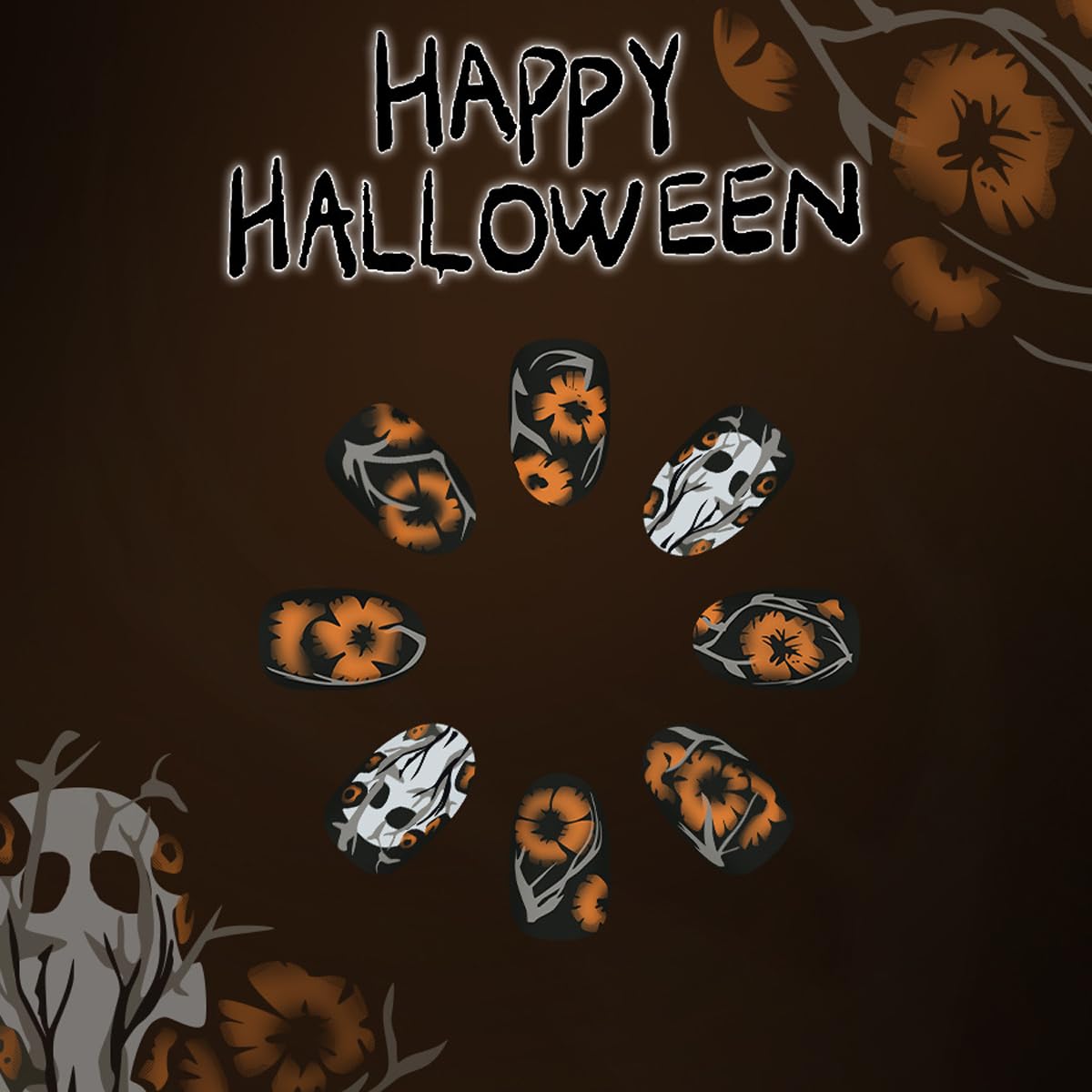 Fall Halloween Press on Nails Short Almond Fake Nails Black Matte Nails Press ons with Ghost & Flower Design-Reusable Artificial Nails Full Cover Glue on Nails Stick on Nails for Women Manicure 24 Pcs