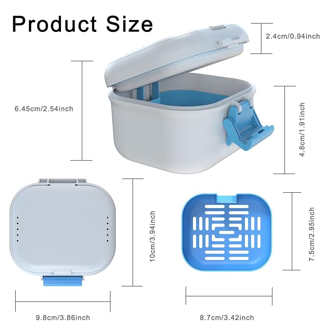 BVN Leakproof Denture Cup, Upgraded Carrying Storage, Denture Bath Box with Filter, Denture Cup for Soaking Dentures, Travel Retainer Cleaning Case (White+Blue).
