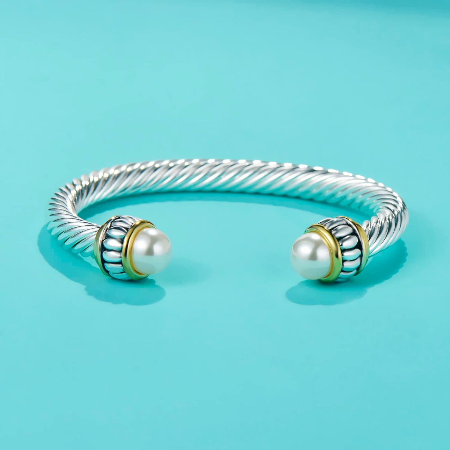 UNY JEWEL Jewelry Make a Statement Two Tone Twisted Cable Wire Caviar Imitation Pearl Cuff Bangle Makes a Stylish Christmas Gift (Two Tone Cream)