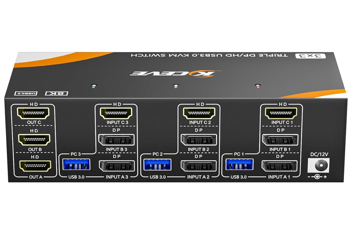 USB 3.0 KVM Switch 3 Monitors 3 Computers Displayport HDMI, Triple Monitor KVM Switch 8K@60Hz 4K@144Hz for 3 Computers Share Mouse Keyboard, Wired Remote and Power Adapter