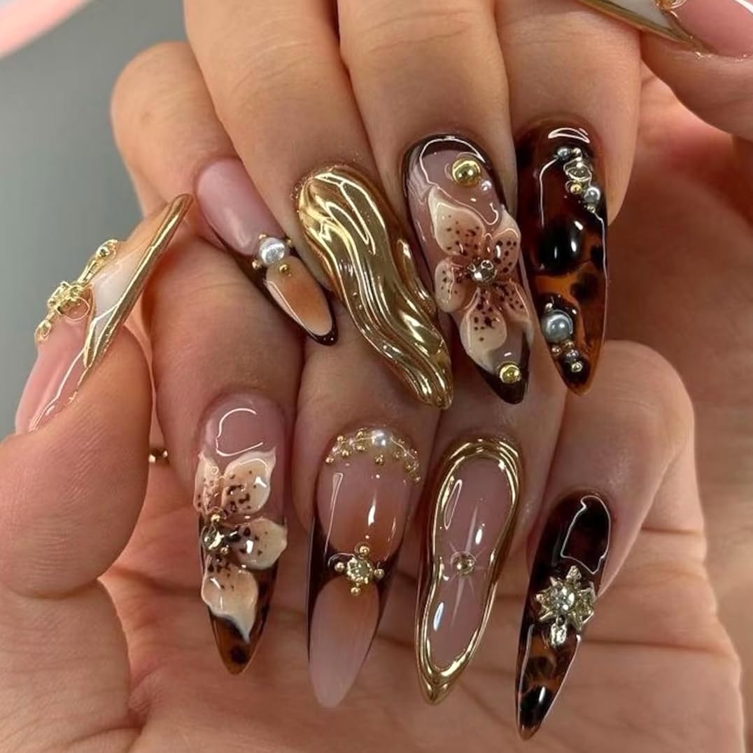 MERVF Long Stiletto Press on Nails Brown French Tip Fake Nails Almond Glue ons 3D Charms Flower, Leopard Design Acrylic Gold Manicure Glossy 24pcs