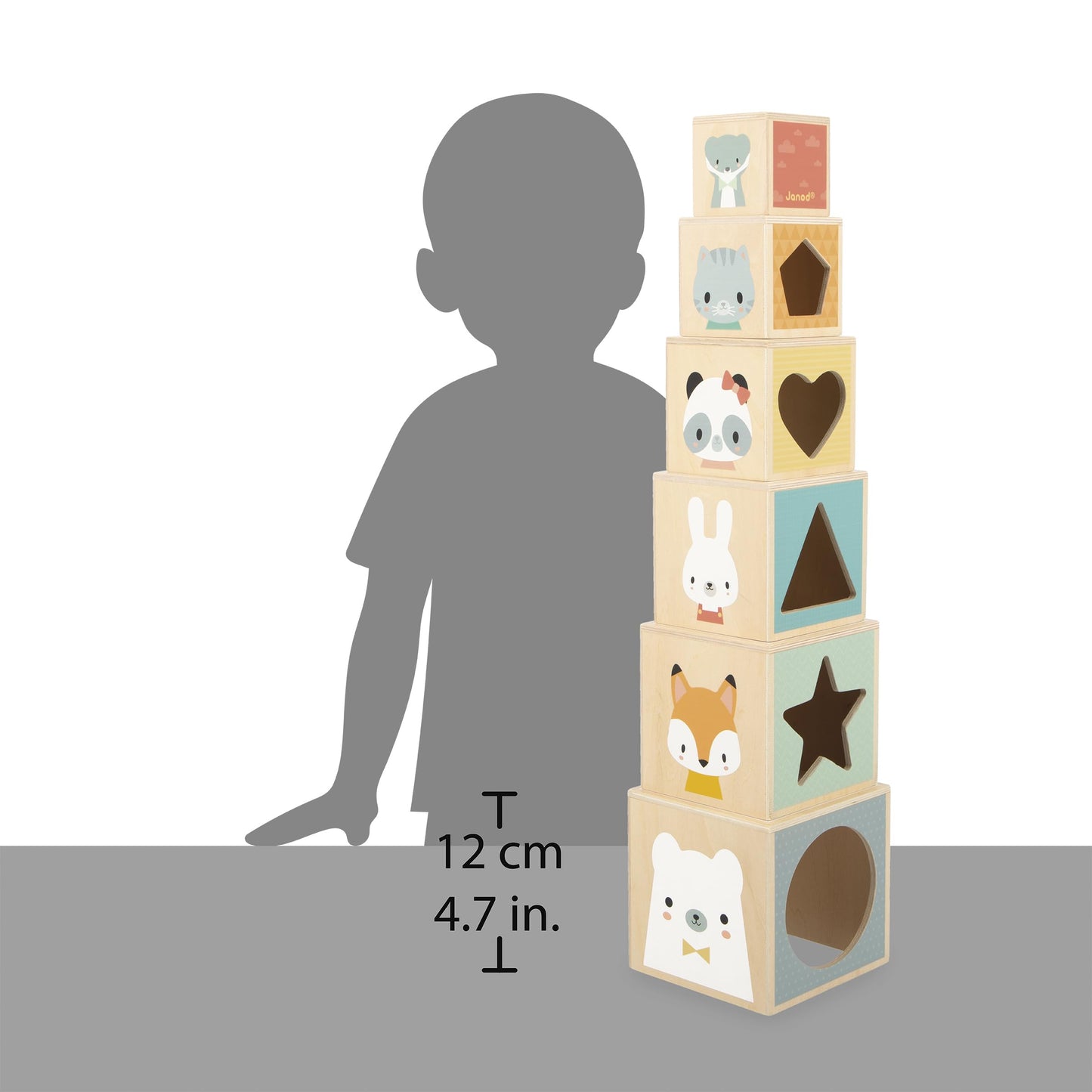 Janod J05147 First Wooden Pyramid - 6 Cubes Stacking Toy - Develops Dexterity and Imagination - Early Ages 12 Months from 12 Months, Multi-Coloured