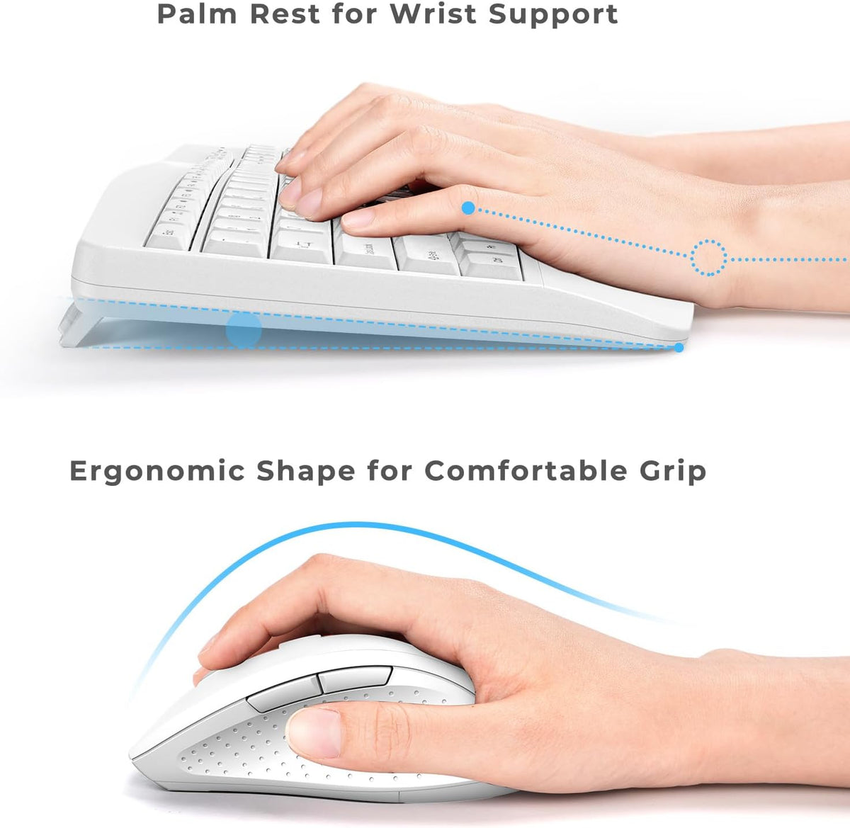 Ergonomic Keyboard and Mouse Combo - Full Size Keyboard Cordless with Palm Wrist Rest Ergonomic Mouse Wireless for Windows Computers Laptops - White(Upgrade)