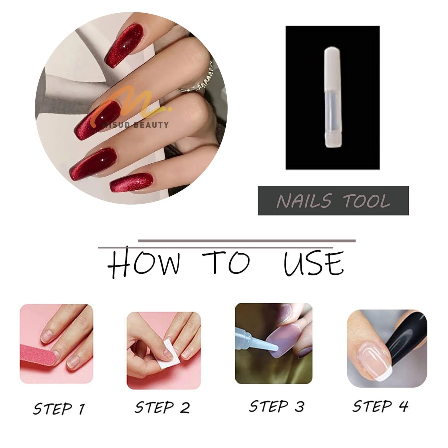 MISUD Press on Nails - Long Coffin Fake Nails with Red Cat Eye, Acrylic Bling Glitter Design 30 pcs