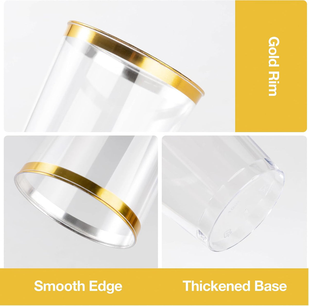 Goodluck 200PCS 14oz Gold Plastic Cups for Party, Disposable Gold Rim Cups, Plastic Cocktail Glasses for Wedding Thanksgiving, Christmas, and Parties
