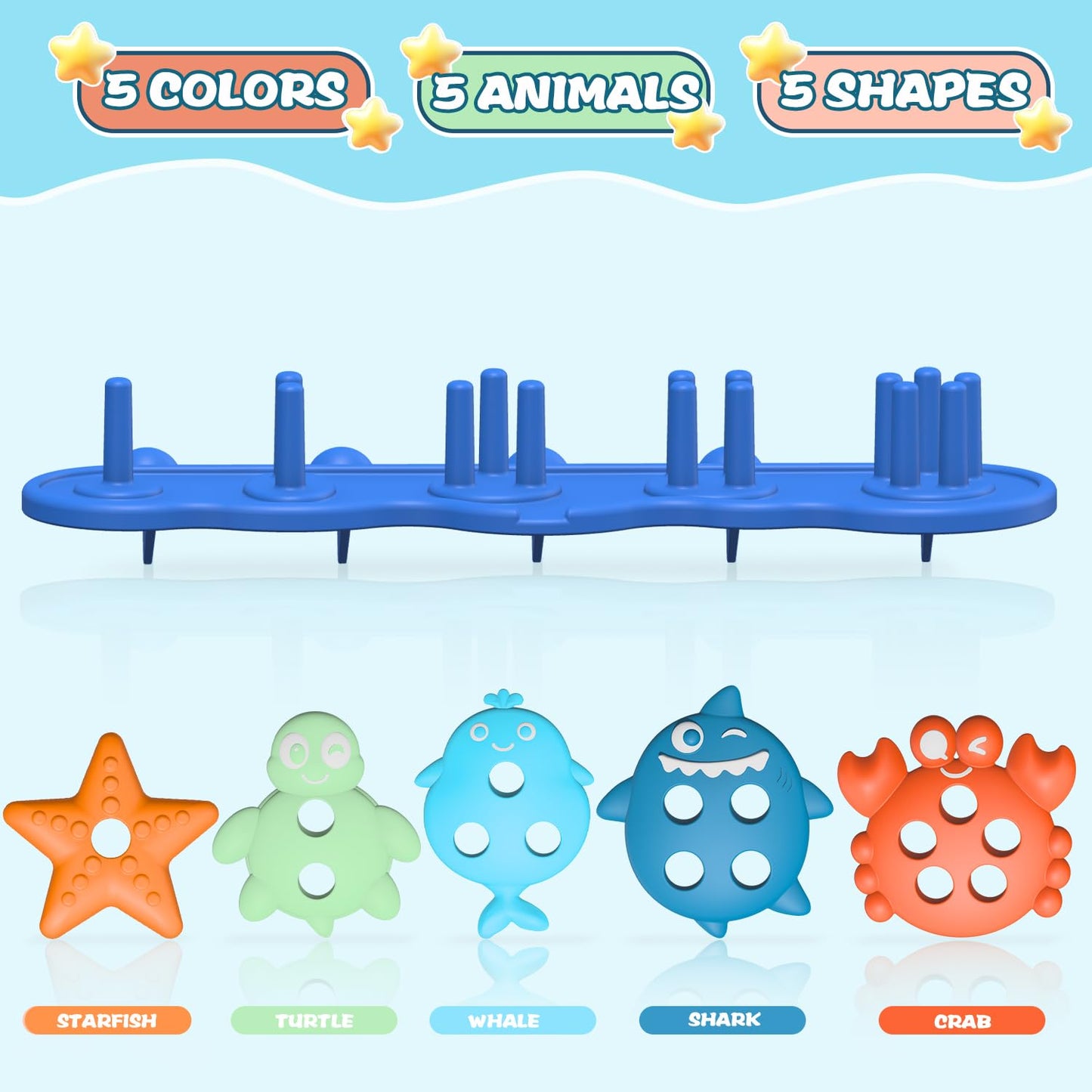 Silicone Baby Bath Toys – Stackable, Shape-Sorting Floating Set with 10 Mold-Free Textured Pieces, No-Hole Design – Early Learning Bathtub Toys for Toddlers and Kids