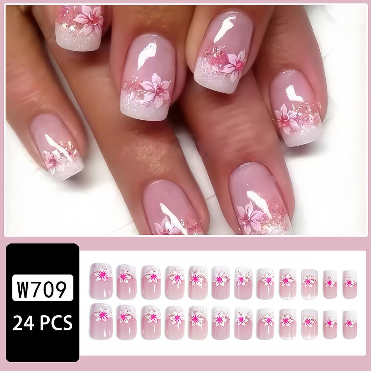 24pcs French Tip Press On Nails - Short Square Pink Flower Fake Nails with Full Coverage, Tip Glue on Designs for Women & Girls