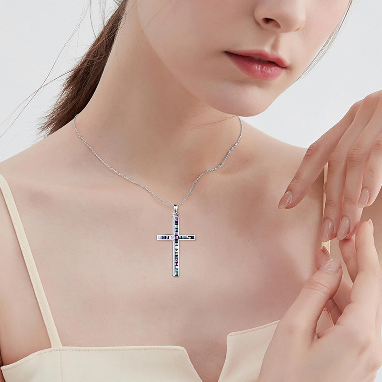 YFN I Can Do All Things Cross Necklace Sterling Silver Abalone Shell Cross Pendant Thin Cross Jewelry Gifts for Women Men