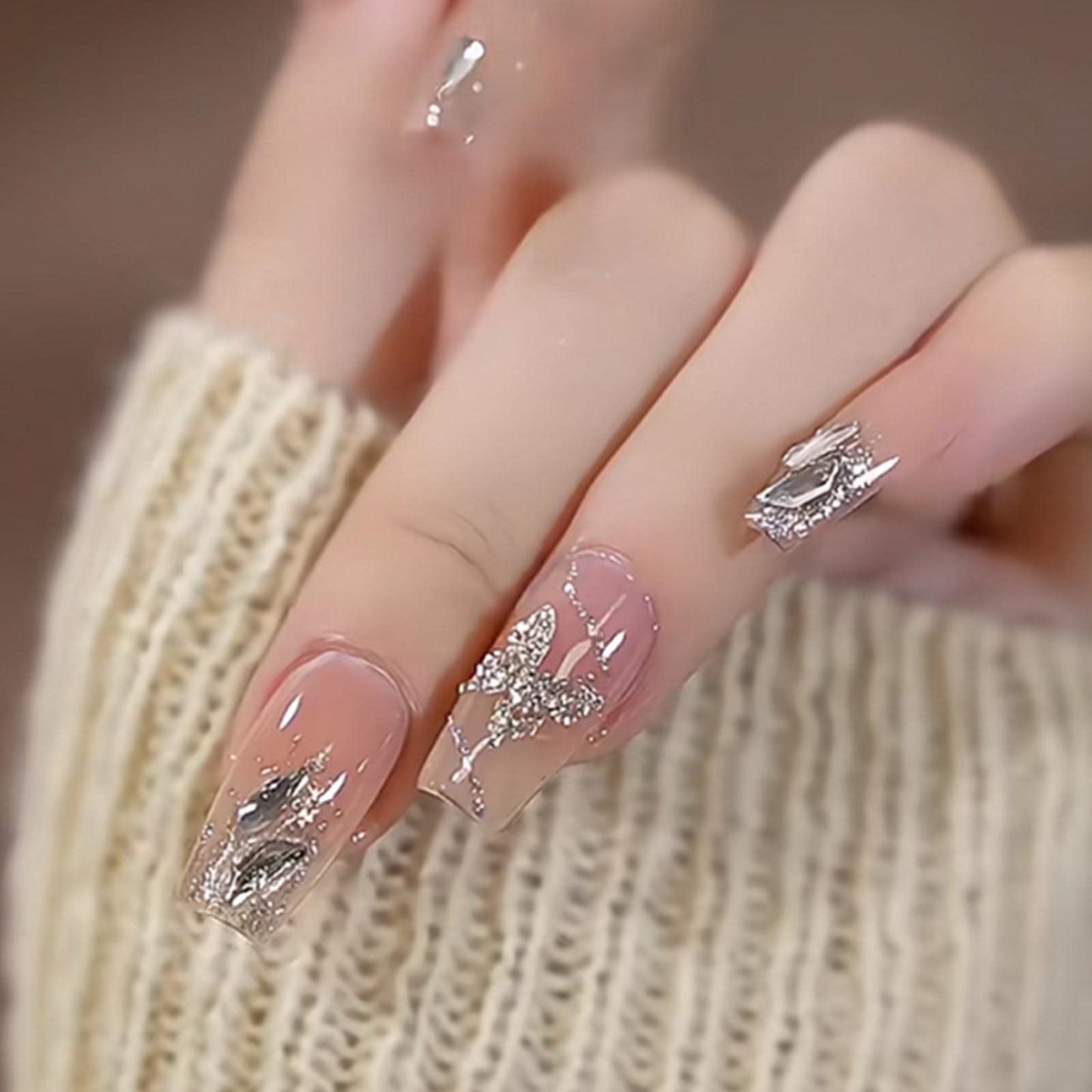 YoYoee Long Coffin Press on Nails Gradient False Nails Galaxy Butterfly Fake Nails Acrylic Bling Nails Tips for Women and Girls 24PCS