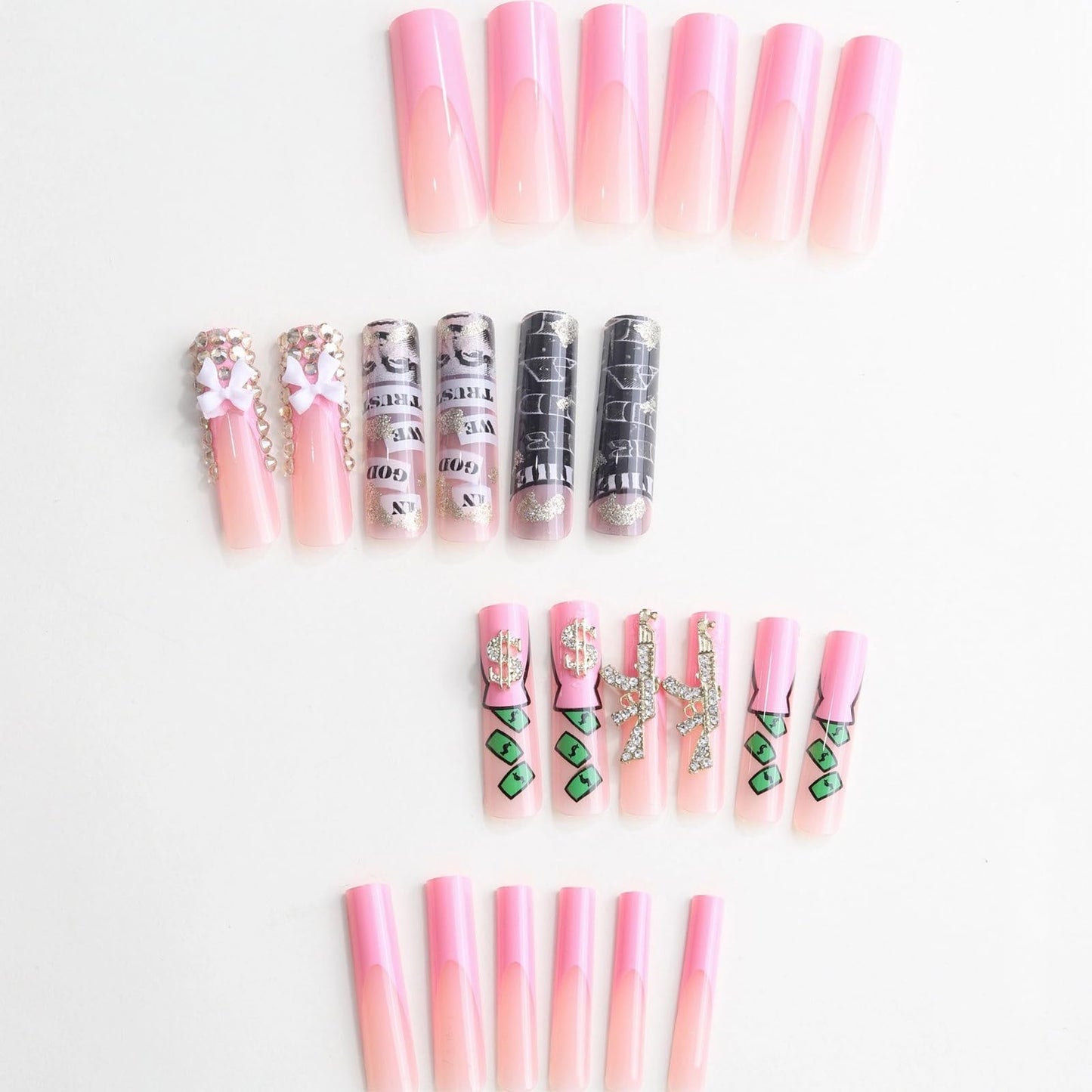 MISUD Press on Nails - Extra Long Square Glue on Nails with French Tip, Acrylic Dollar Money Design 24 pcs