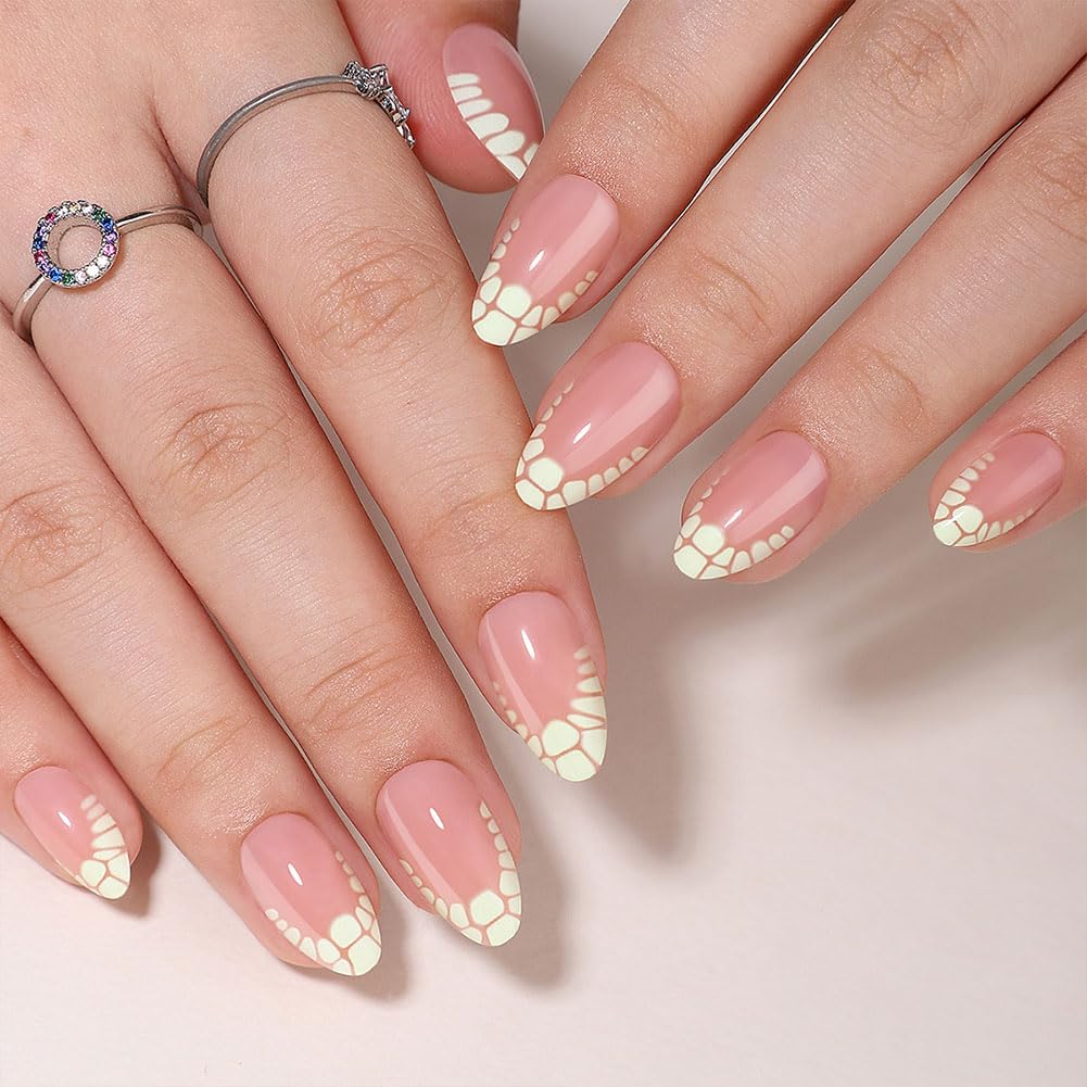 WAFOLOZE French Tip Press On Nails - White Crackle Almond Press On Nails Short Fake Nails with Nail Glue, Artificial Nails 16 Sizes - 32Pcs False Nails Tips Kit,Stick On Nails for Women