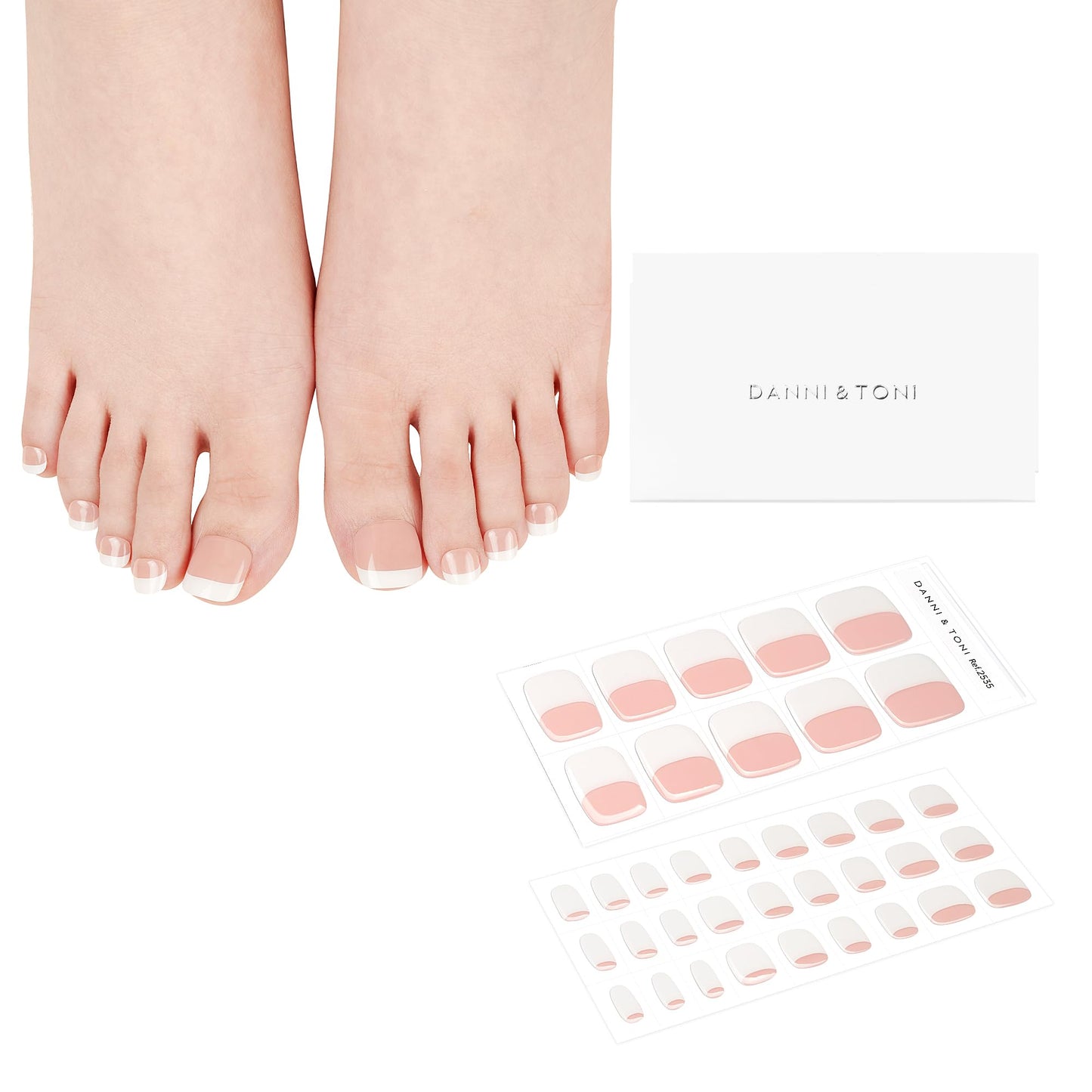 DANNI & TONI Semi Cured Gel Toenail Strips French (Happy-Go-Lucky) Nude with White Tips Gel Pedi 37 Stickers