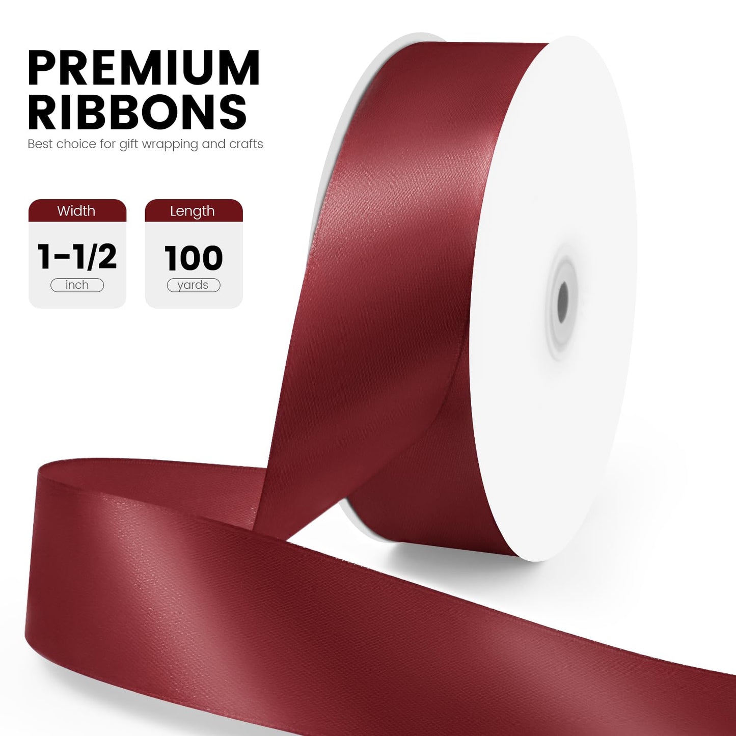 Quhora 1-1/2" x 100 Yards Satin Ribbon - Wide Silk Wine Red Ribbon with Spool - Ideal for Gift Wrapping, Floral Bouquets, Crafts, Wedding Party Decorations, Christmas and Sewing Projects
