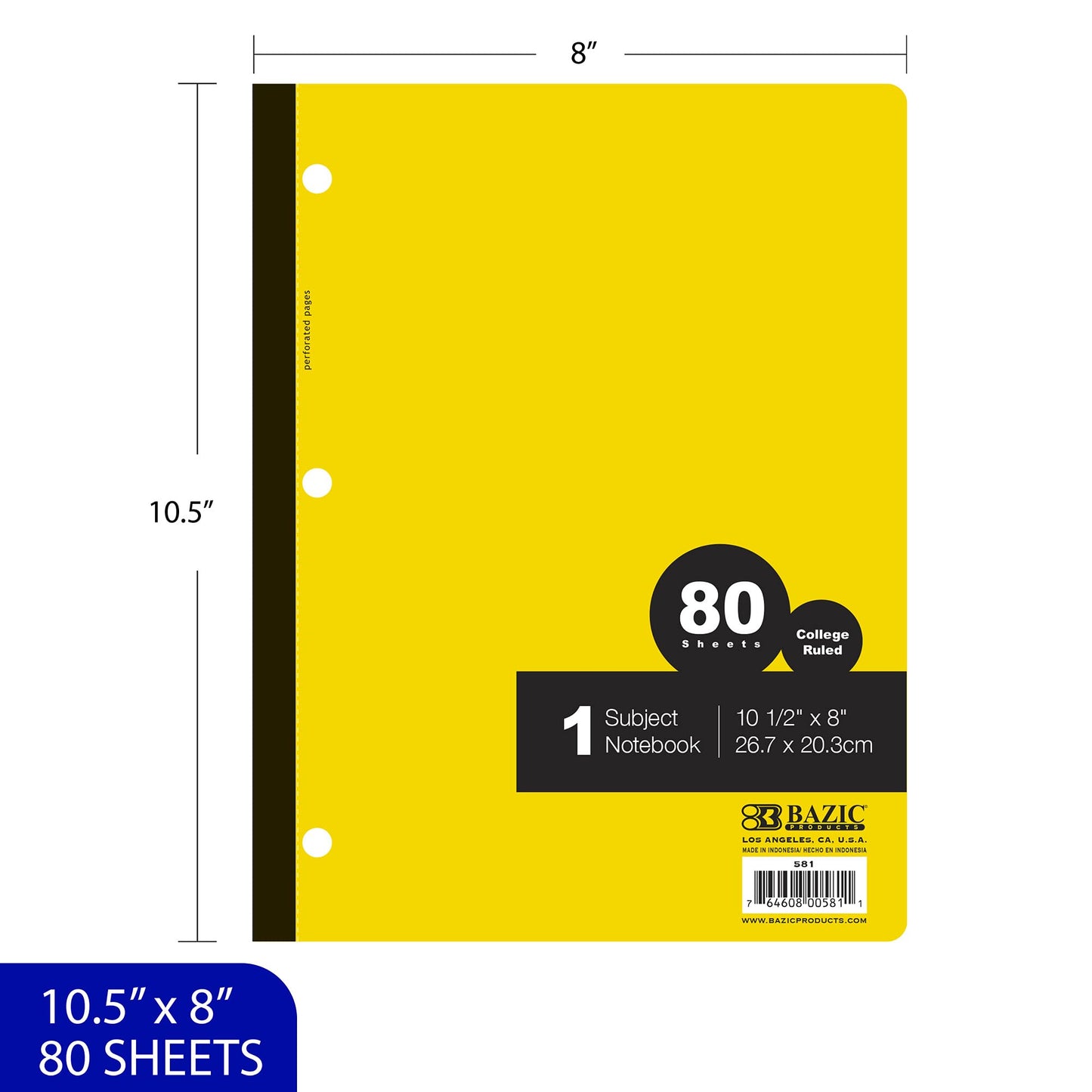 BAZIC Products Notebook College Ruled 1 Subject 80 Sheets Wireless Notebooks, Lined Composition Book, Assorted Color, 6-Pack