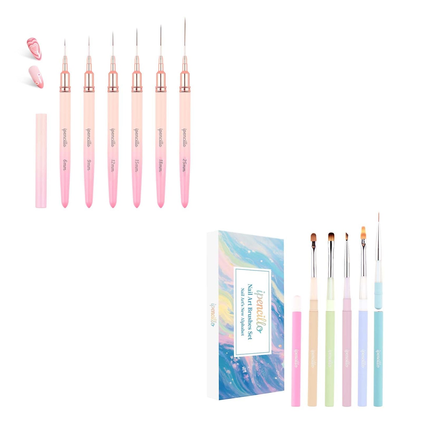 Ipencillo Nail Art Brushes, 6 Pcs Nail Liner Brushes and 6 Pcs Nail Brushes Set for Nail Art Design, Nail Brushes for Nail Art Lines, Nail Art Brushes with Cap