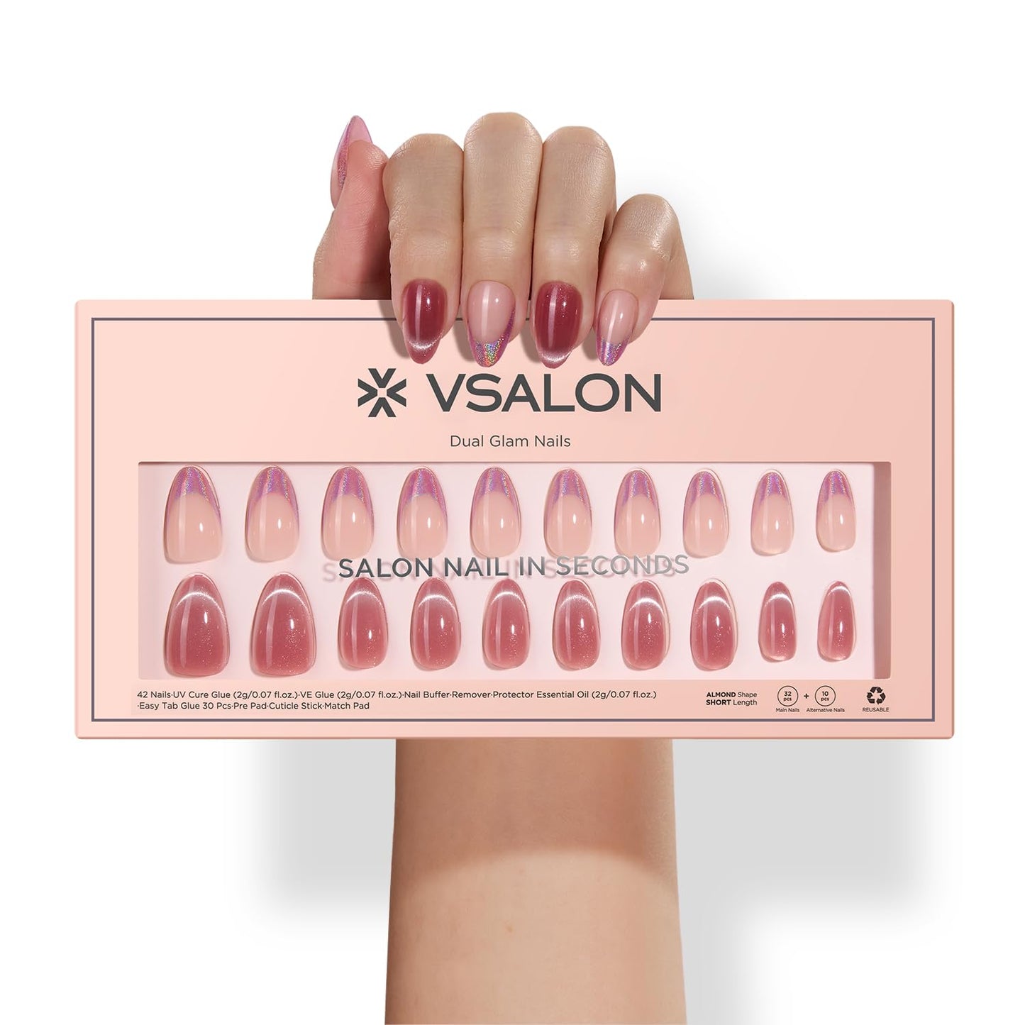 VSALON Press on Nails Short Almond, Cat Eye Nails Set, French Tip Reusable Gel Fake Nails Set, Dual Glam Nails & Mini Pack