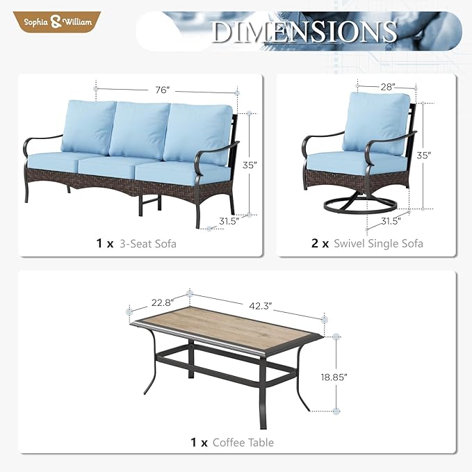 Sophia & William Patio Furniture Set, 4 Piece Metal Outdoor Conversation Set with 3-Seater Outdoor Couch, 2 Swivel Chairs, 1 Coffee Table for Outdoor Seating, Backyard, Porch(Blue)