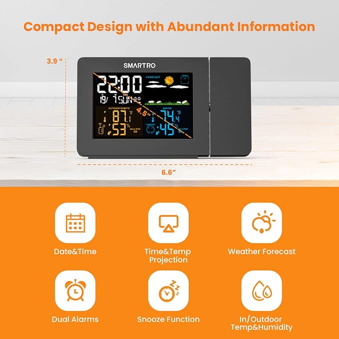 SMARTRO SC91 Projection Alarm Clock for Bedrooms with Weather Station