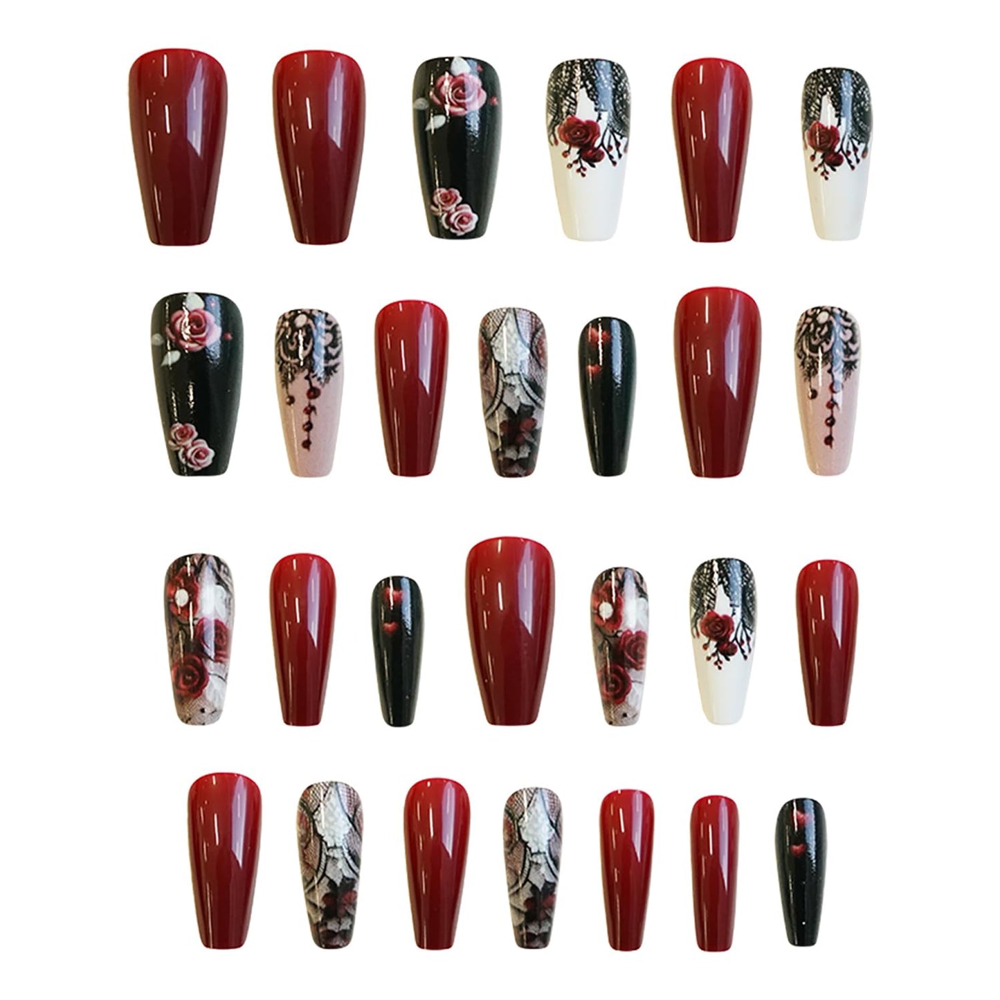 CJDLTS Press on Nails Medium Length Red Rose Flower False Nails Black Lace Pattern Design Full Cover Heart Press Nails Artificial Ballet Shaped Stick on Nails Glossy Acrylic Glue on Nails for Women