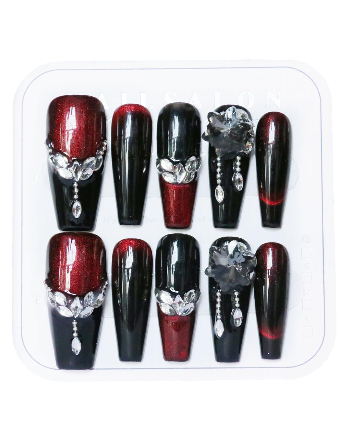CAMILCY Press on Nails Handmade Nails Luxury Reusable Fake Nails For Girls long Coffin Armor Gradient Black RedDiamonds HandPainted Salon Loveful Design Acrylic GelUV Finished 3D Nails 10PCS (A008, M)