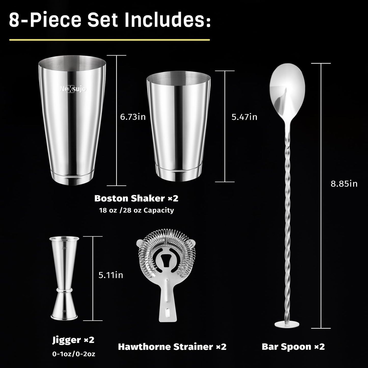 Nexsujo Boston Cocktail Shaker, 8-Piece Professional Shaker Set, Stainless Steel Bar Tools Set with Boston Shaker, Bar Spoon, Jigger, Hawthorne Strainer, Dishwasher Safe, Ideal Bartender Kit for Bar