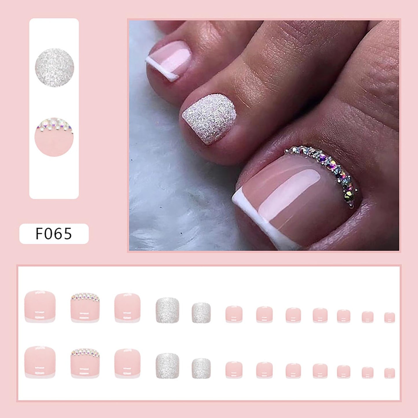 Press-On Rhinestone Toenails, Full Cover Reusable False Nails With Adhesive Tab, Artificial Acrylic Fake Nails for Toe, Glue-On Toenails With Charm, Stick-On Toe Nails for Women